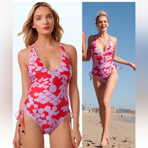 Trina Turk Bali Blossom Red Lavender High Leg One Piece Swimsuit $154 - Picture 1 of 9